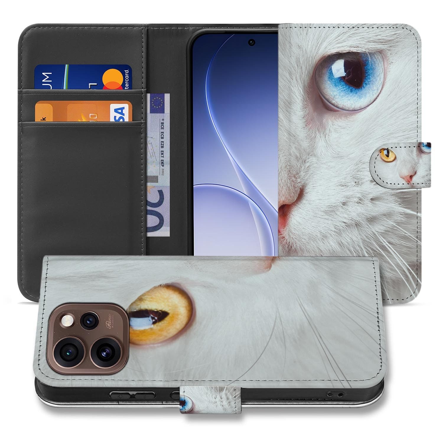 OPPO Reno15 Pro Hoesje met Pasjeshouder Witte Kat met detail van witte kat en pasjesvakken