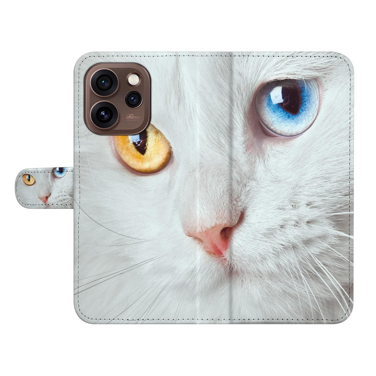 OPPO Reno15 Pro Hoesje met Pasjeshouder Witte Kat met een afbeelding van een witte kat en zijn heldere ogen.