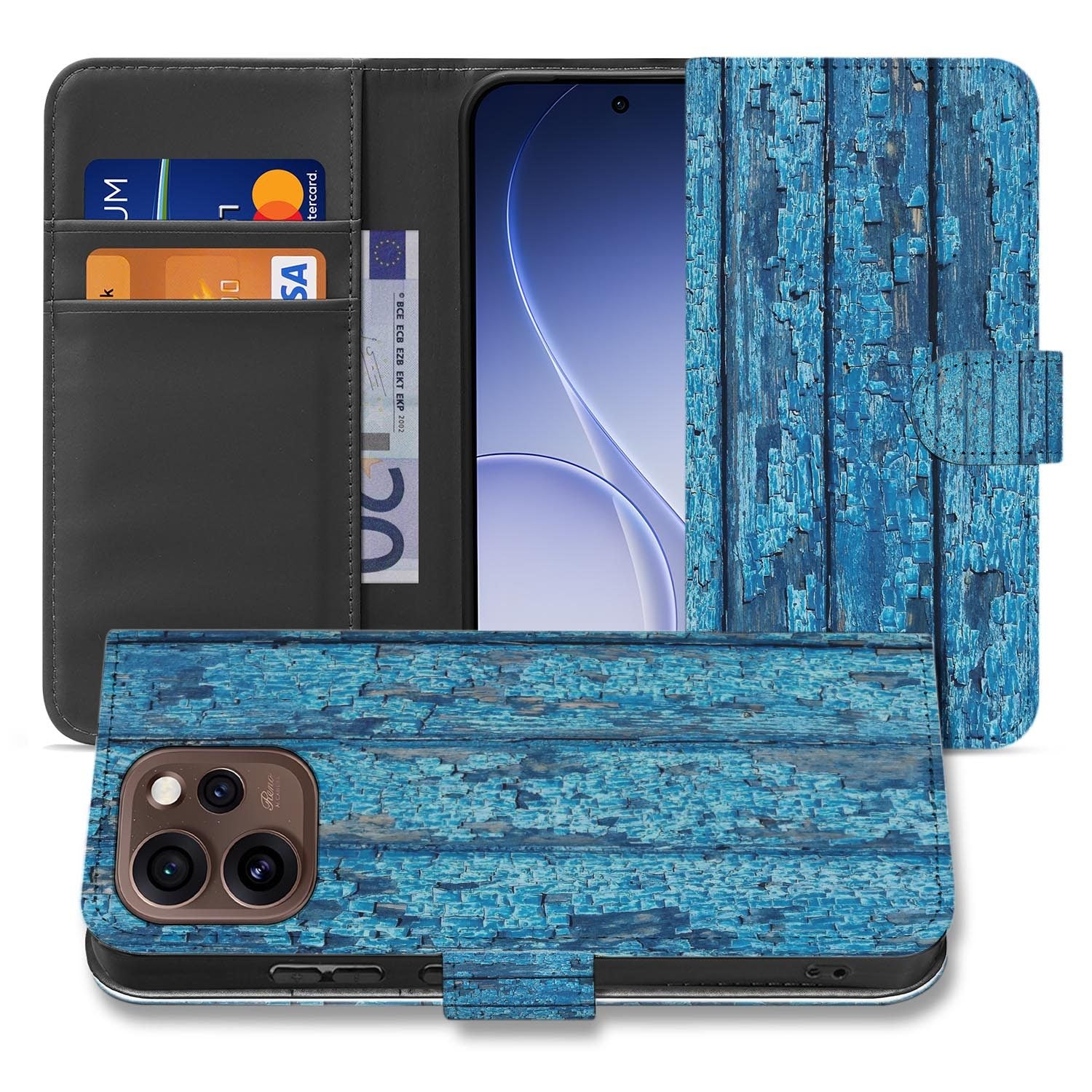OPPO Reno15 Pro Bookcase Hoesje Wood Blue met vintage blauw verfkleur en opbergvak voor pasjes.