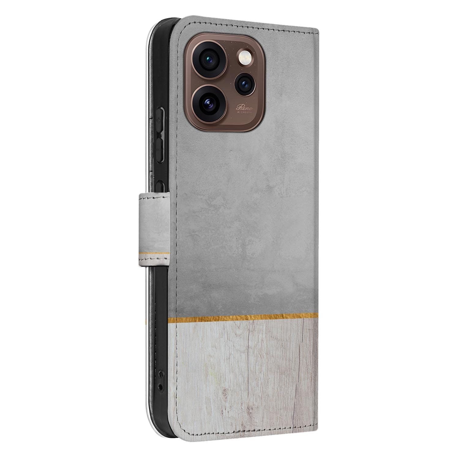 Bookcase Hoesje OPPO Reno15 Pro Wood Concrete in industrieel ontwerp met hout en beton look.