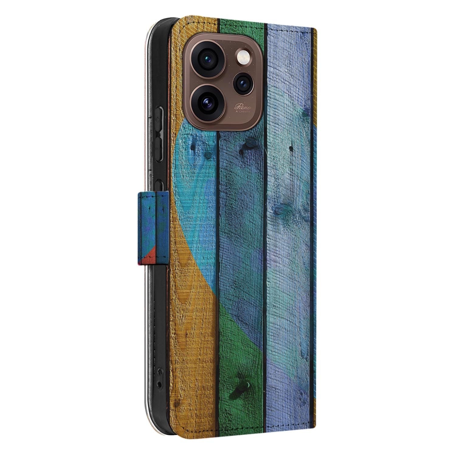OPPO Reno15 Pro Book Case Hoesje Wood Heart met geschilderd hart op houten planken in blauw en roze.