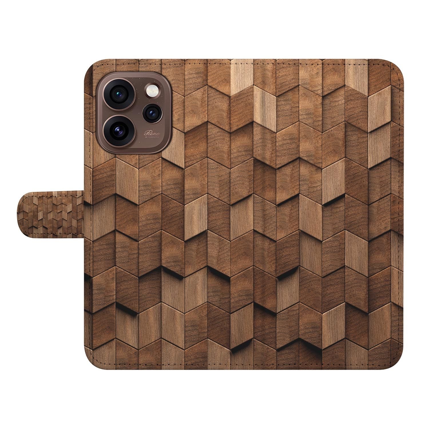 Book case hoesje OPPO Reno15 Pro Wooden Cubes met gesloten klep, vooraanzicht