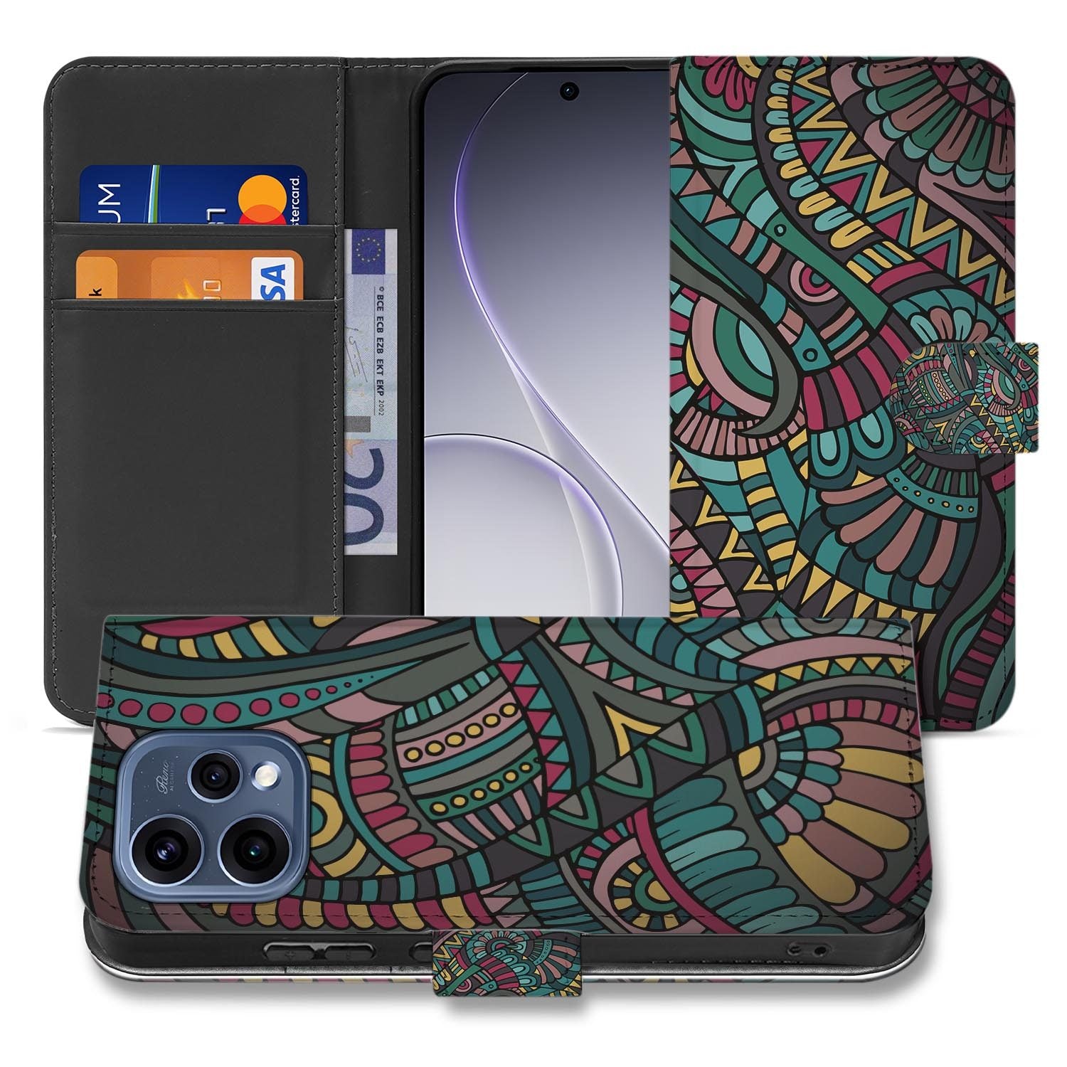 OPPO Reno15 portemonnee hoesje Aztec â opengeslagen met de pasjesvakken