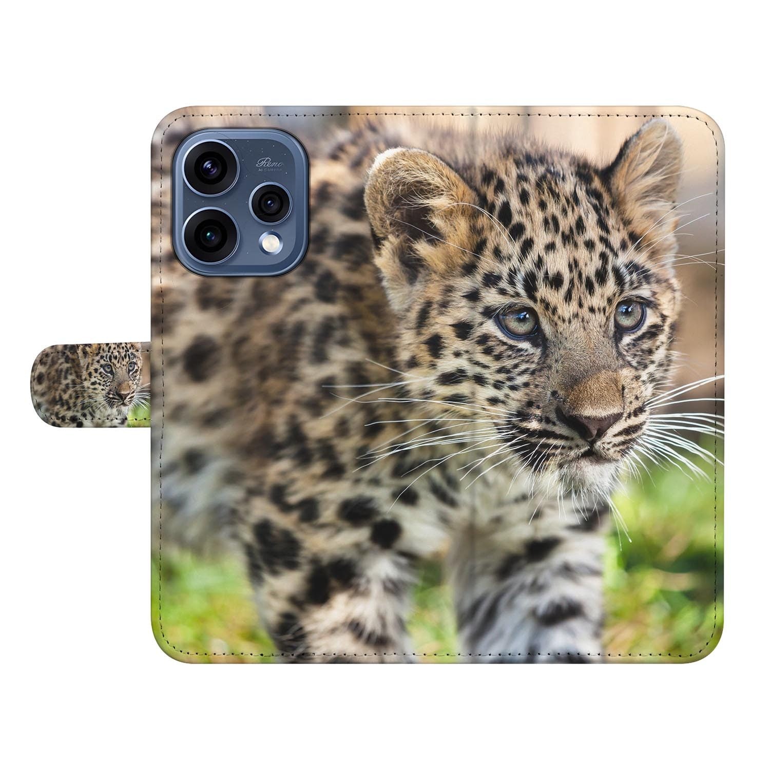 OPPO Reno15 hoesje met pasjeshouder Baby Luipaard â randafwerking en stiksel