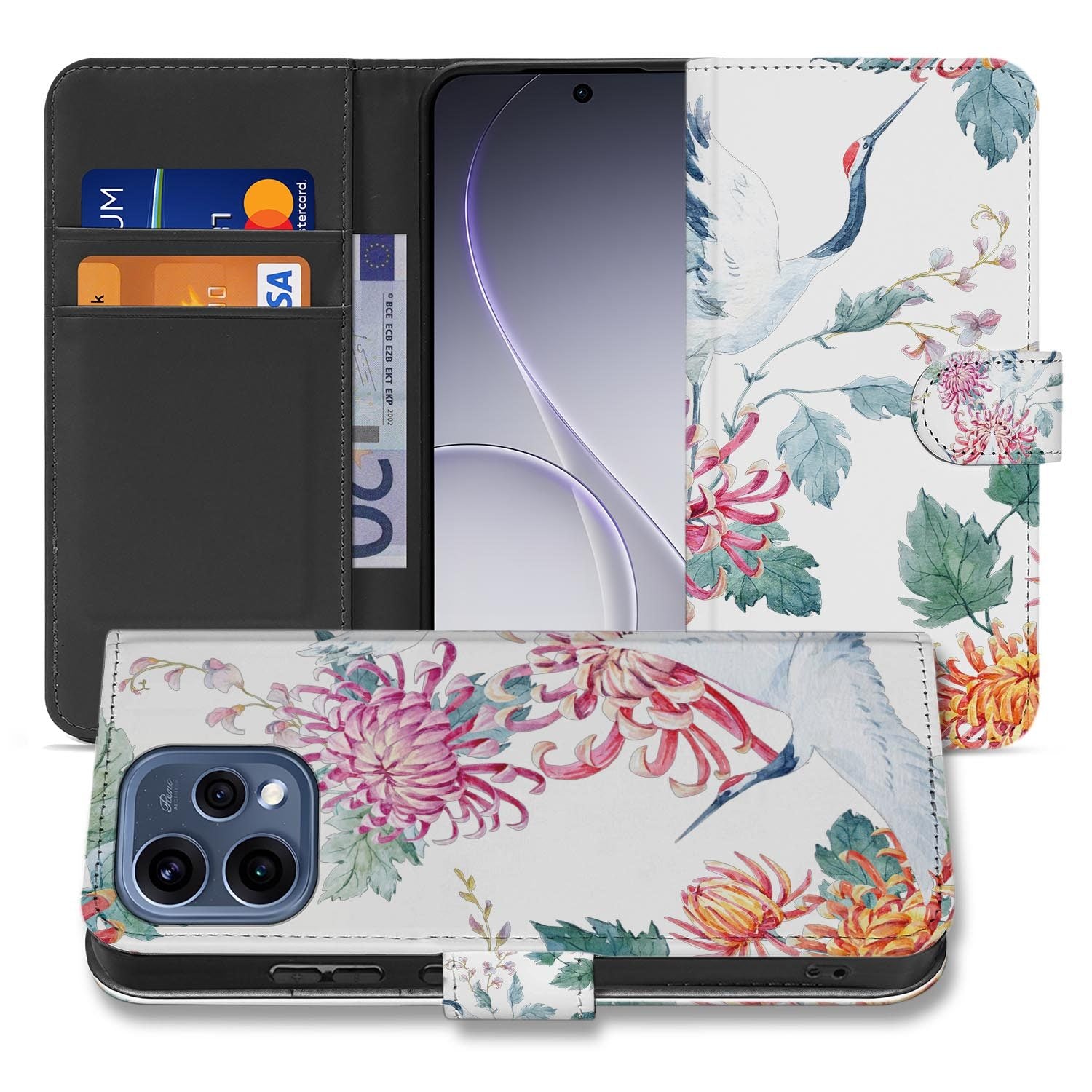 OPPO Reno15 wallet hoesje Bird Flowers â achterkant met camera-uitsparing