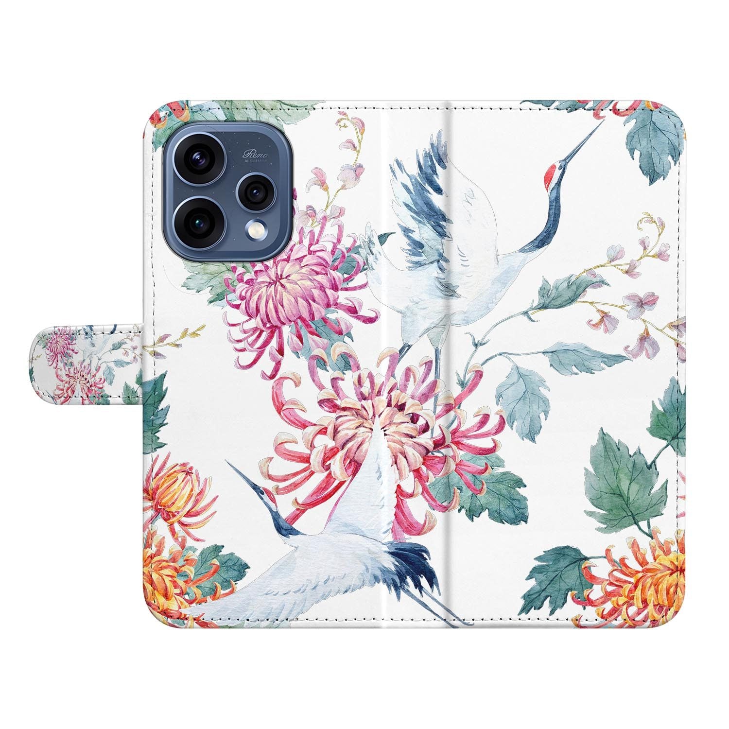 OPPO Reno15 wallet hoesje Bird Flowers â close-up van het kunstleer