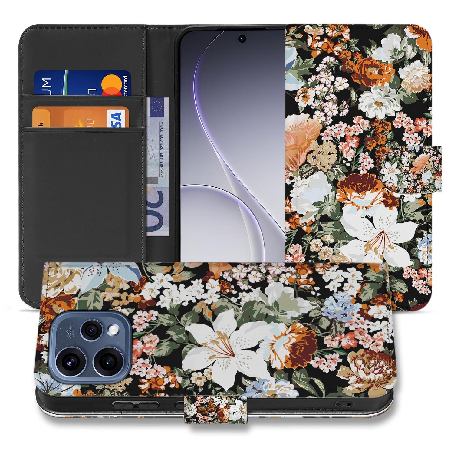OPPO Reno15 bookcase hoesje Dark Flowers â gesloten vooraanzicht