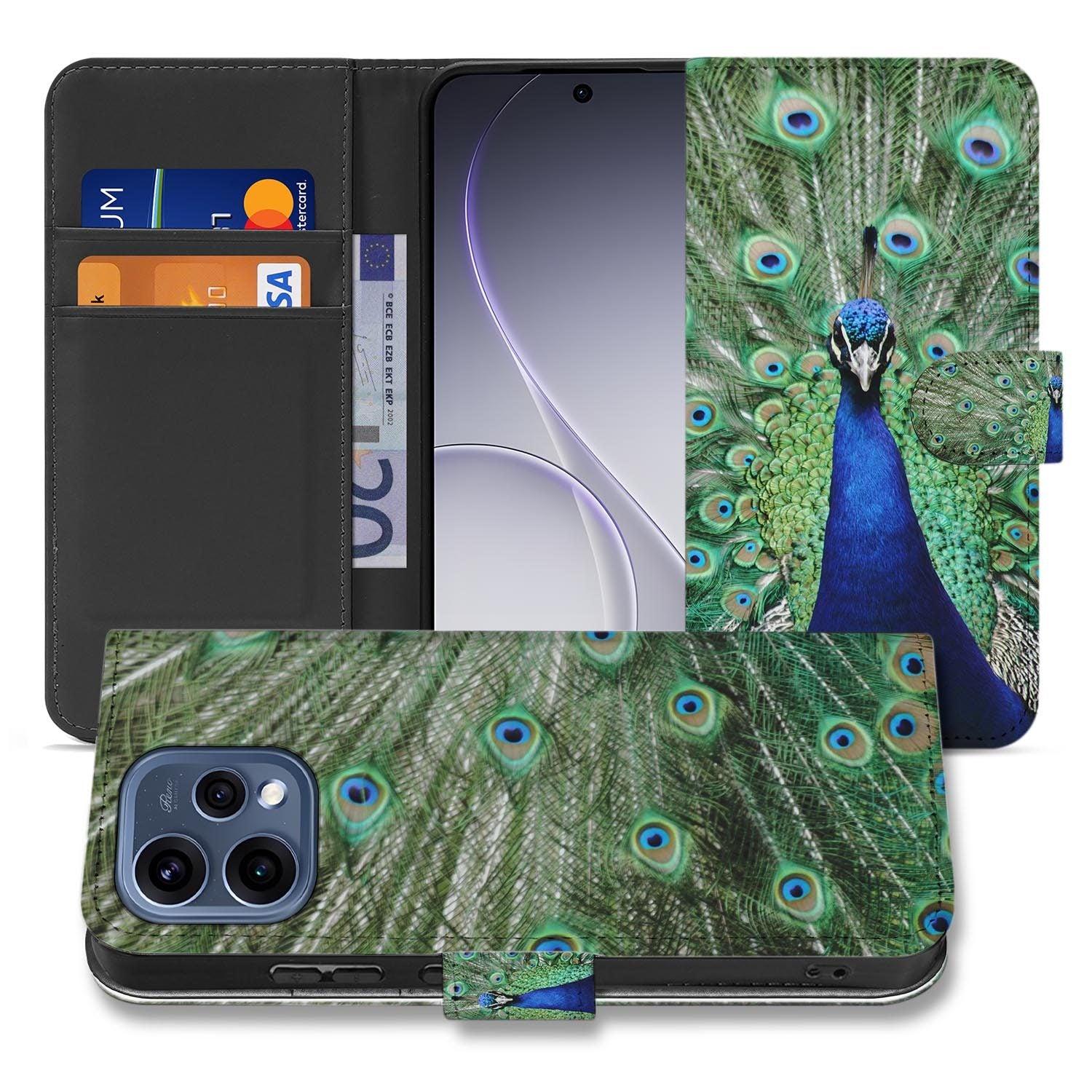 OPPO Reno15 wallet hoesje Pauw met Bloemen â bovenaanzicht van de klep