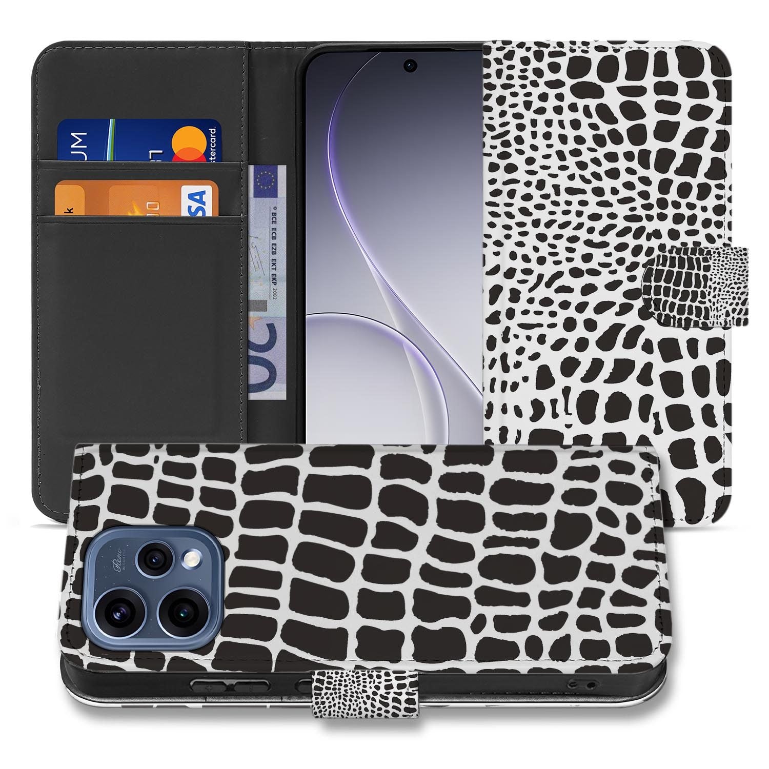 Boekhoesje OPPO Reno15 Slangenprint met zwart-witte slangenhuid textuur en handige vakken voor kaarten.