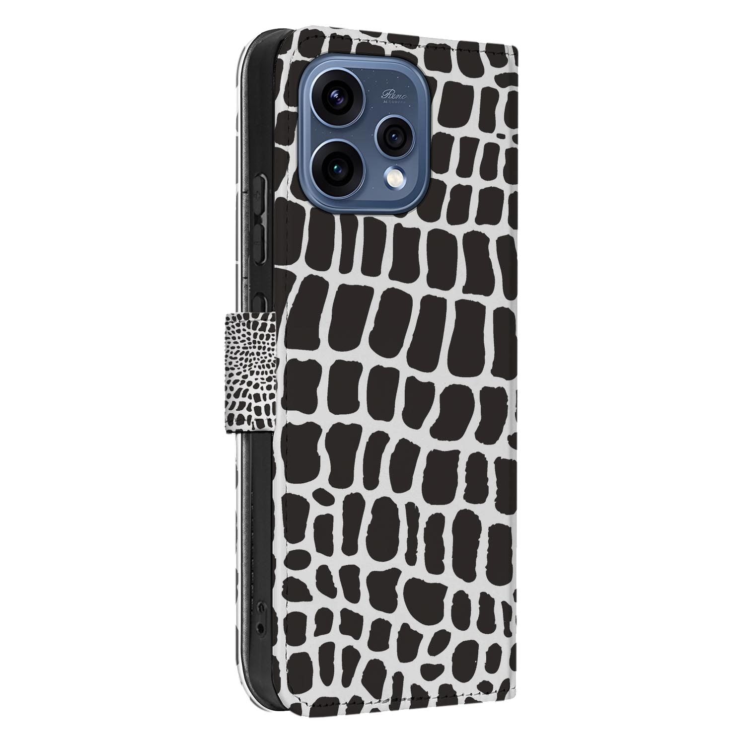 Boekhoesje OPPO Reno15 Slangenprint met zwart-witte slangenhuid en reliÃĢfwerking.