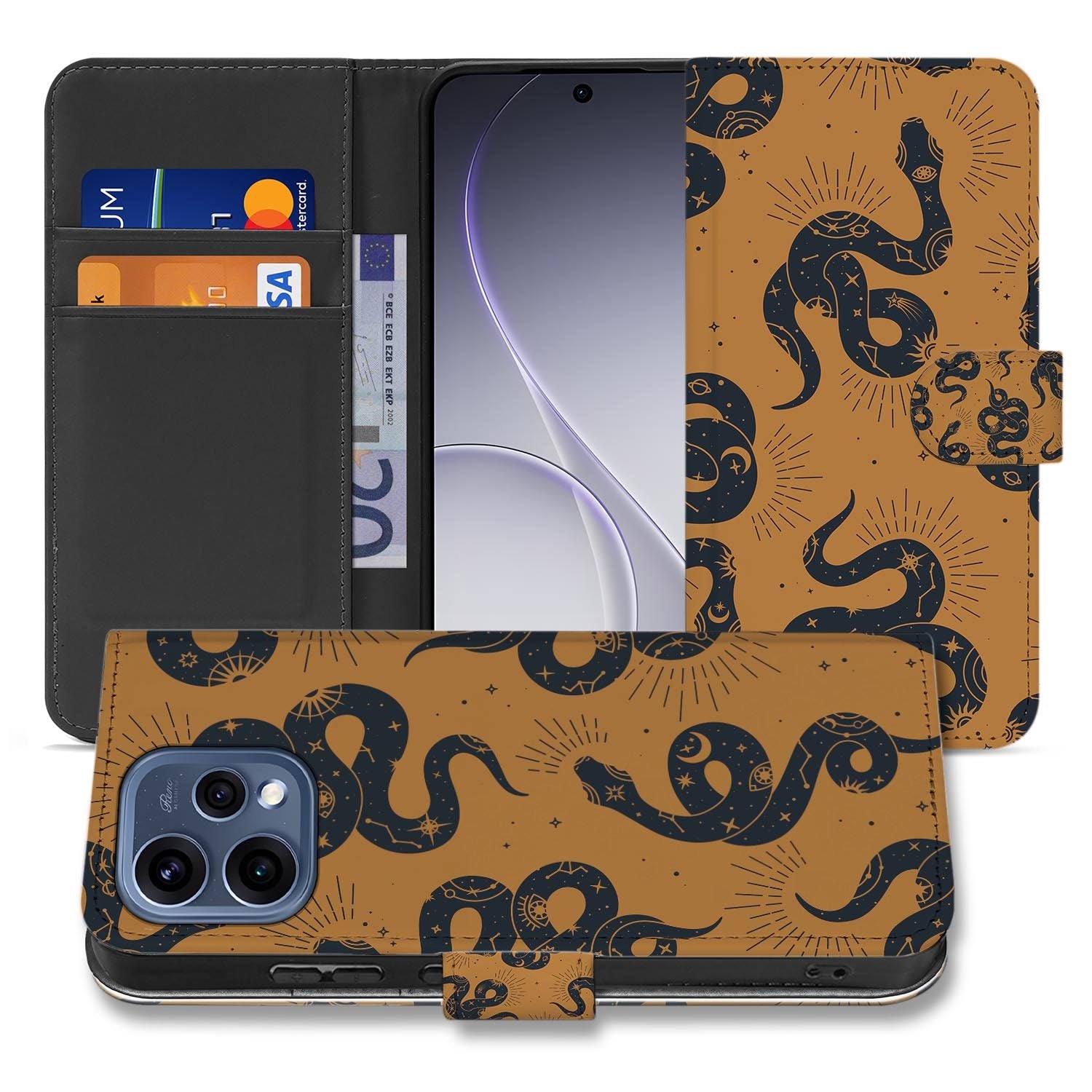 Wallet Hoesje OPPO Reno15 Slangen Bruin met grote, glanzende schubben en stevig kunstlederen design.