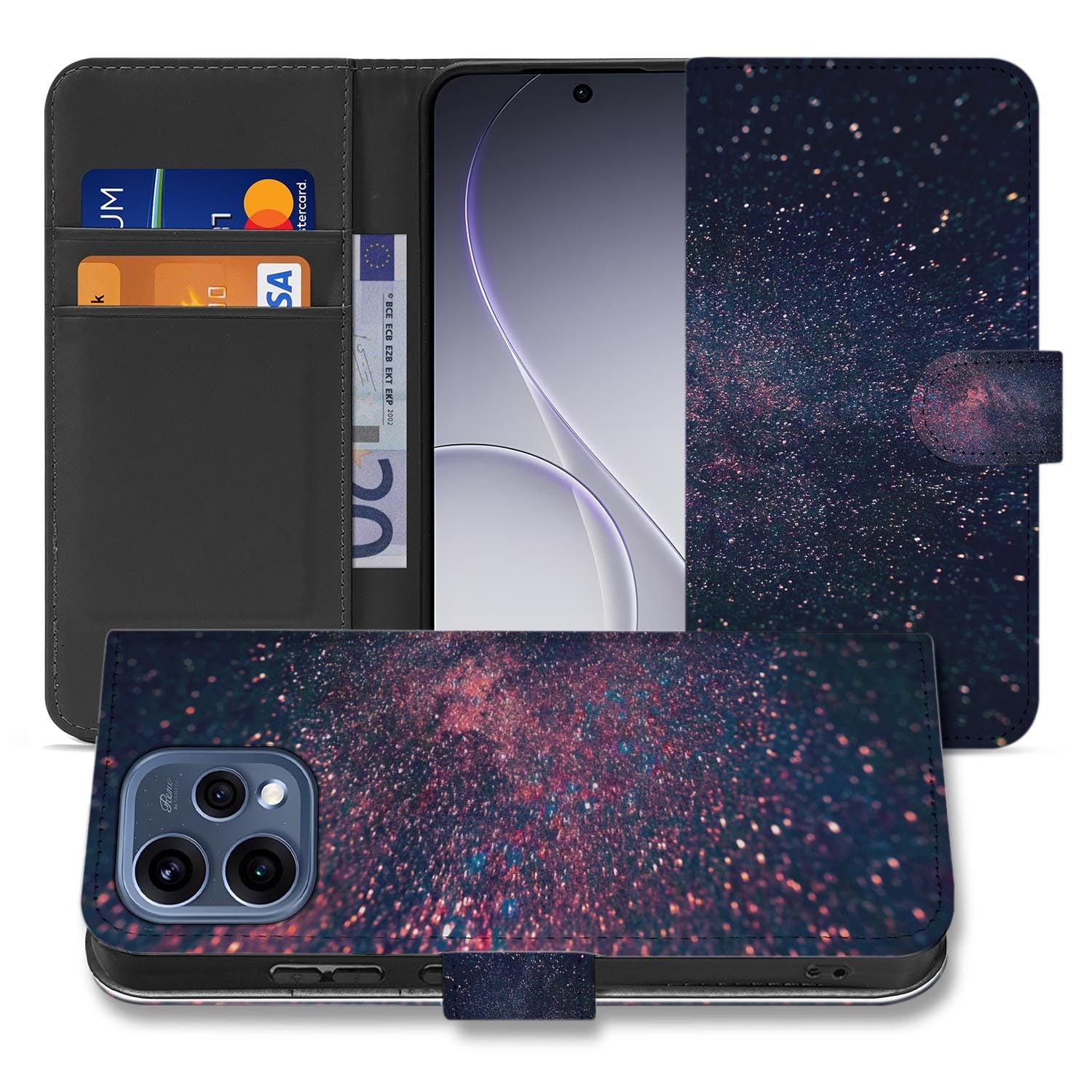 OPPO Reno15 Bookcase Hoesje Sterren met glinsterende sterren op een paarsblauwe achtergrond.