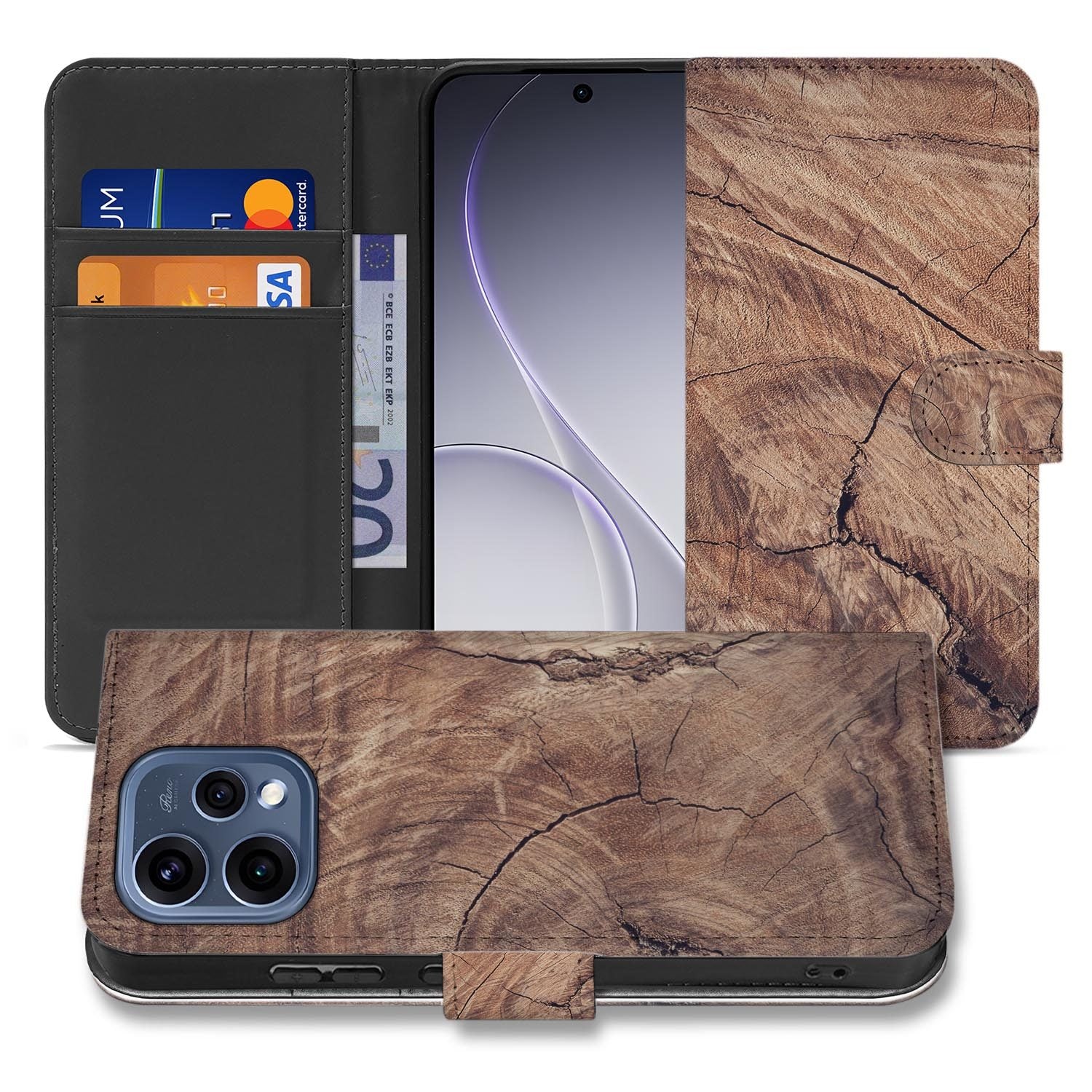 OPPO Reno15 Boekhoesje Boomstam met houten uitstraling en ruimte voor pasjes.