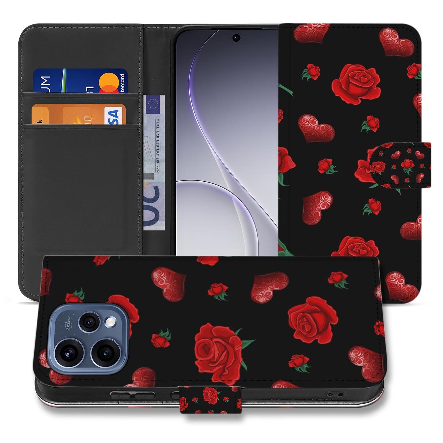 OPPO Reno15 Hoesje met Pasjeshouder Valentine met rode harten op zwarte achtergrond en pasjeshouder.