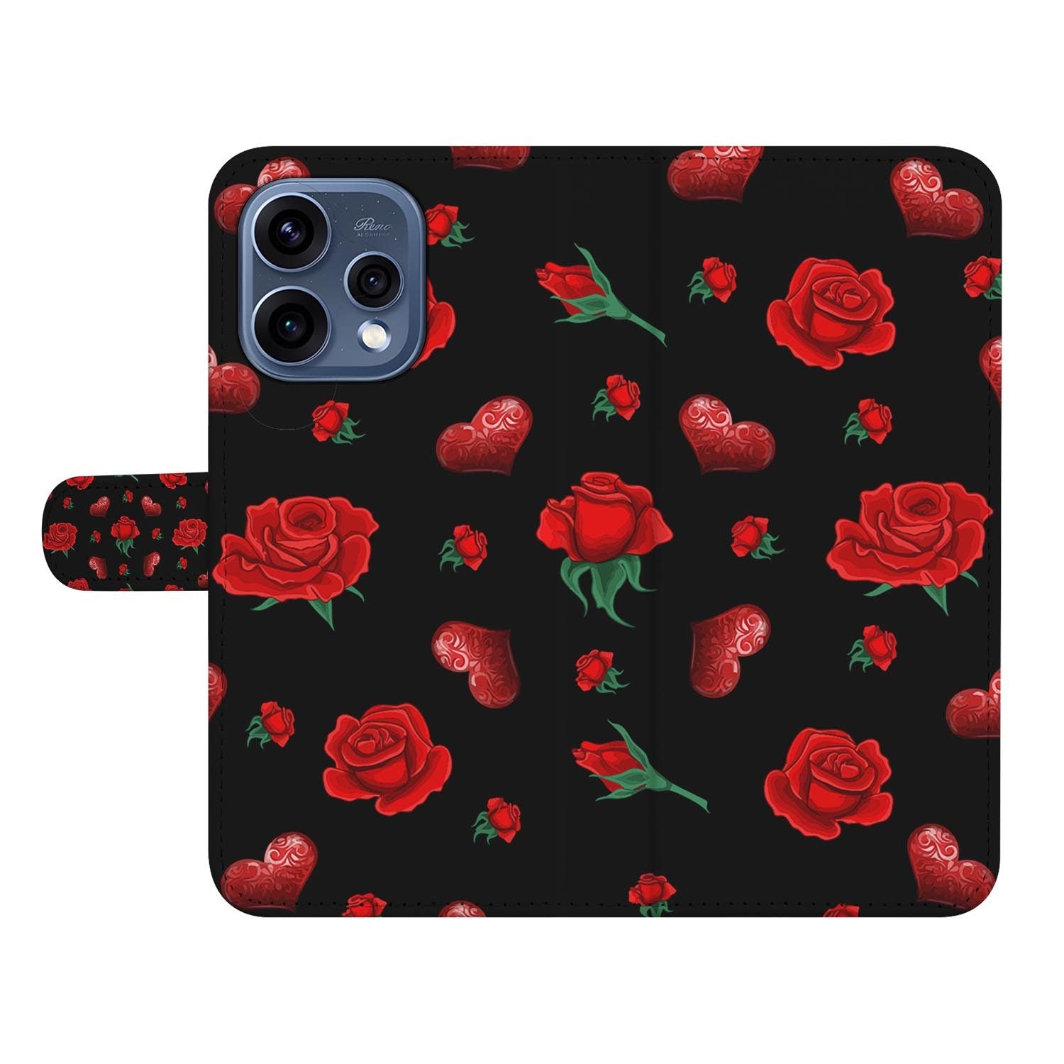 OPPO Reno15 Hoesje met Pasjeshouder Valentine met rode harten en rozen op zwarte achtergrond