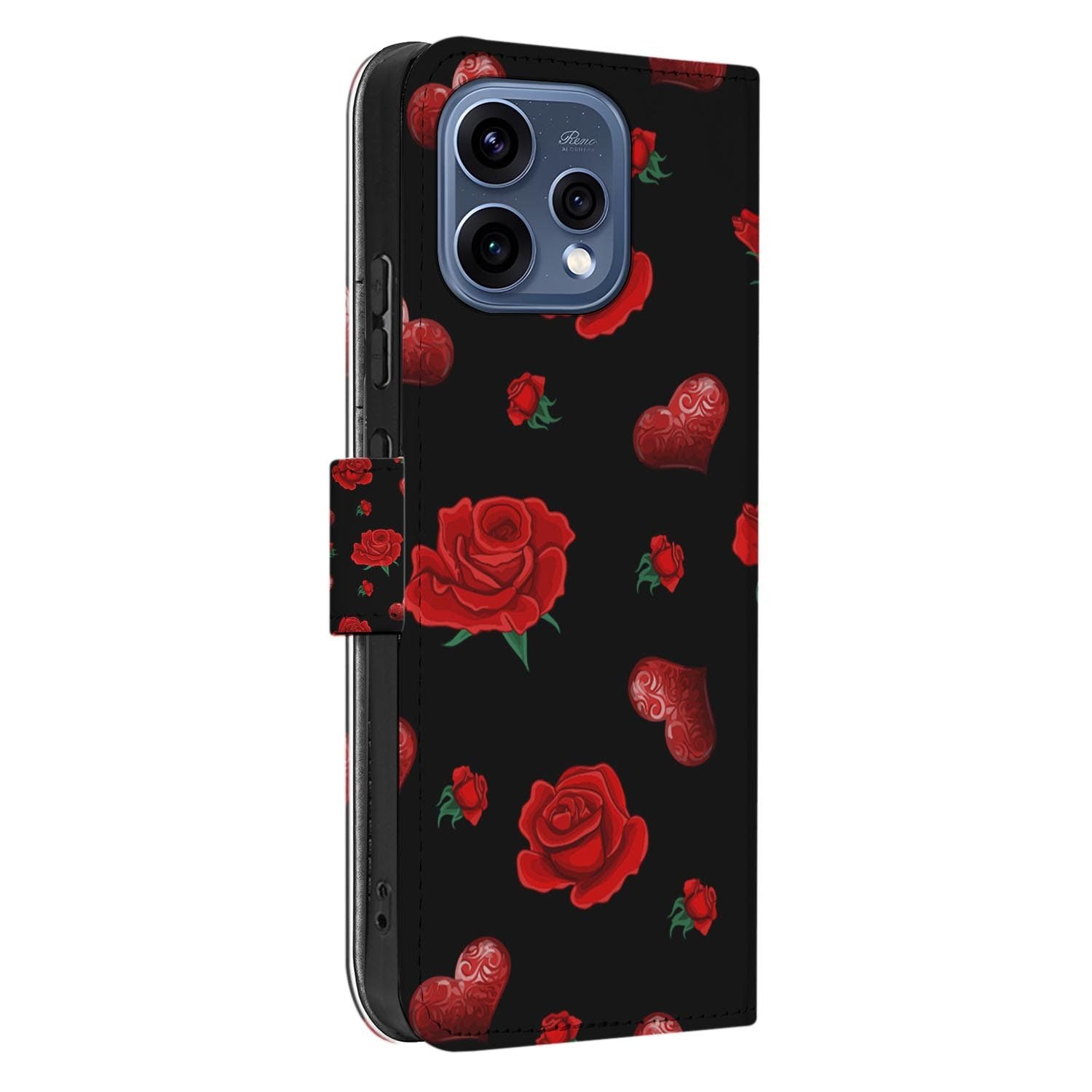 OPPO Reno15 Hoesje met Pasjeshouder Valentine met rode harten en rozen op een zwarte achtergrond.