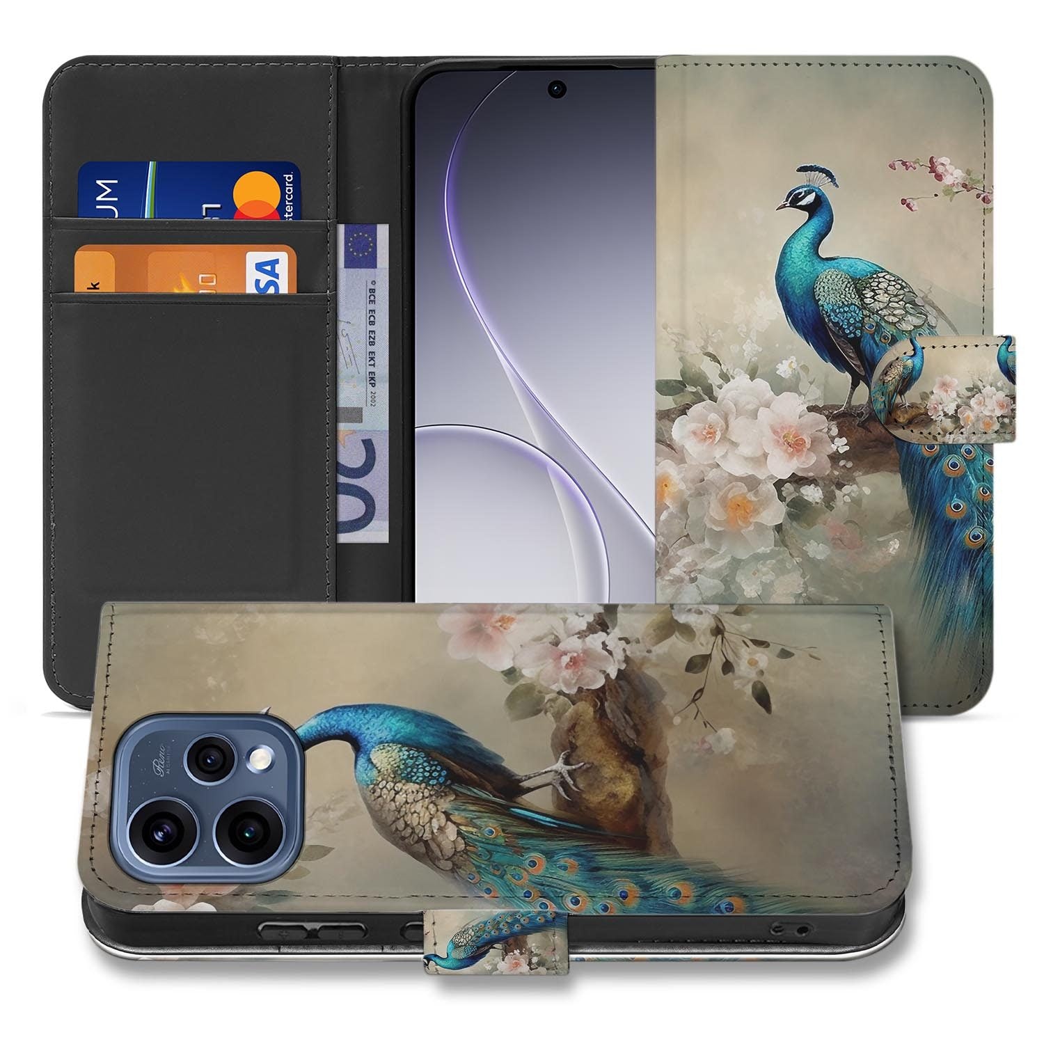 OPPO Reno15 boekhoesje Vintage Pauwen â binnenzijde met TPU-houder