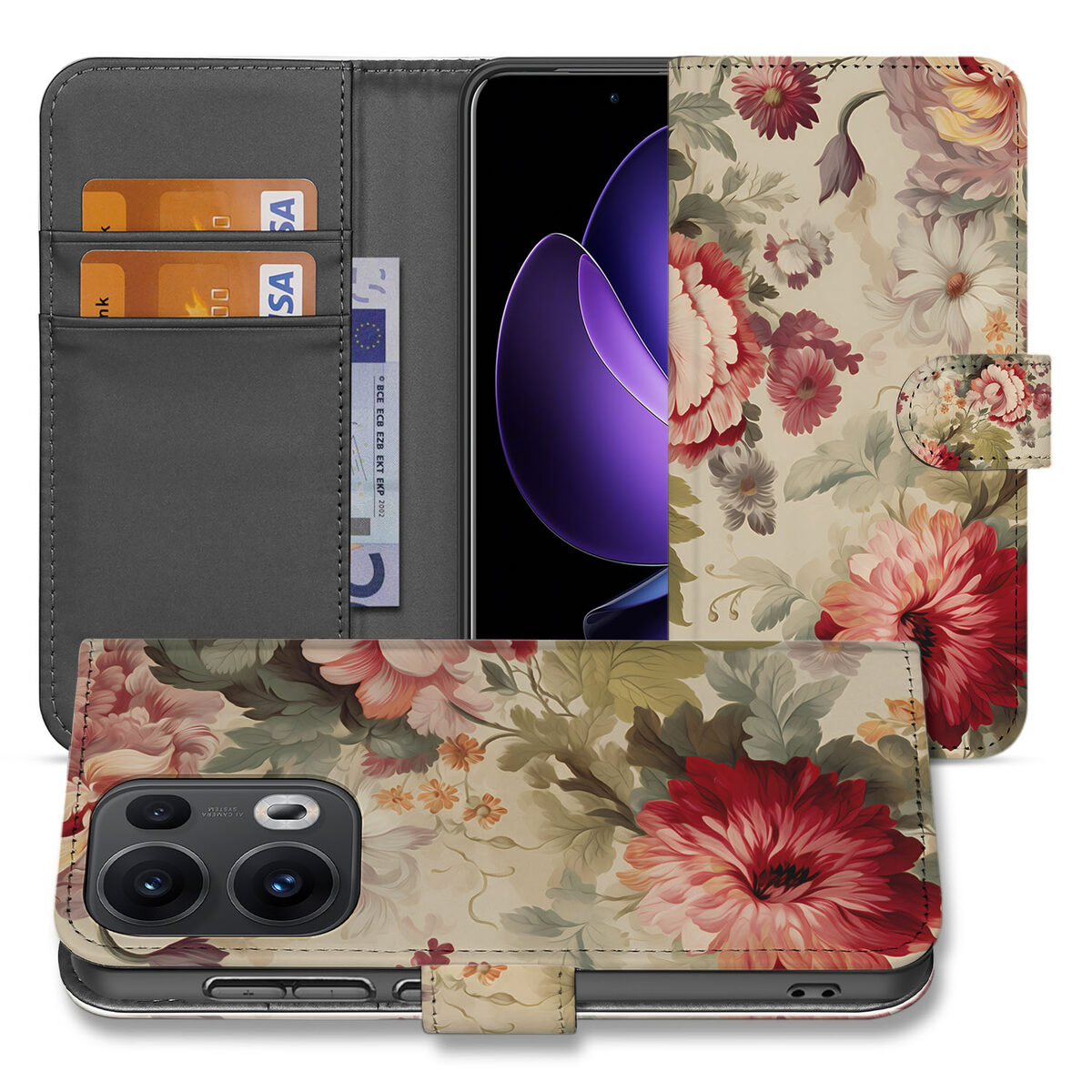 OPPO Reno 13 Pro Book Case âBloemenâ boekhoes bloemenprint voorkant