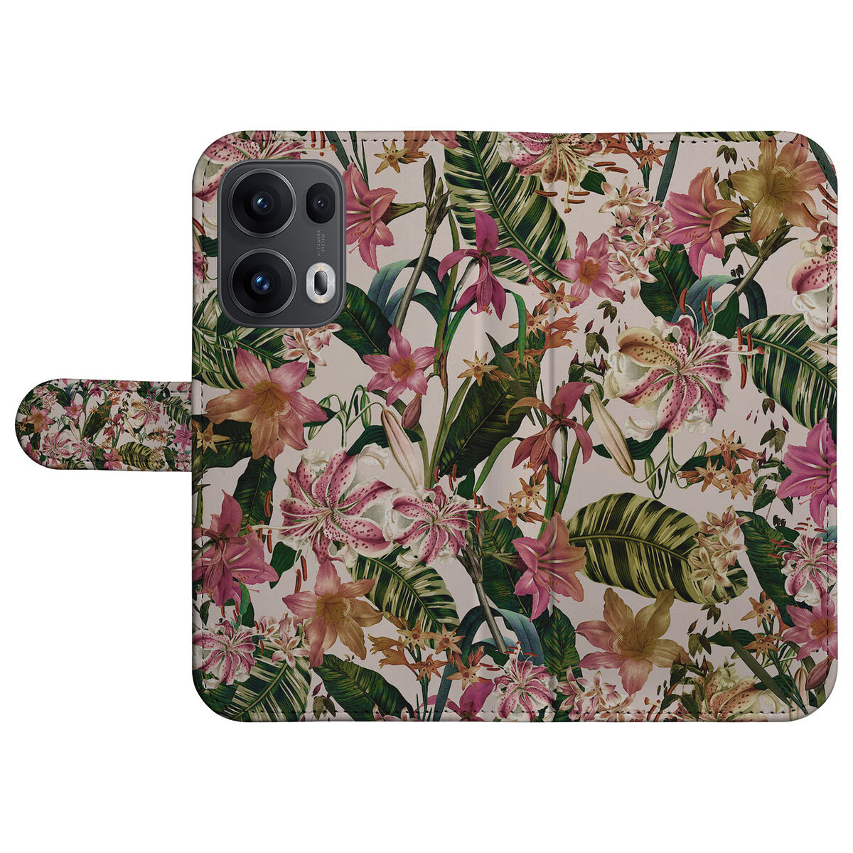 OPPO Reno 13 Pro Book Case âBloemenâ Stijlvol Hoesje met Bloemenprint Pasjeshouder bovenaanzicht
