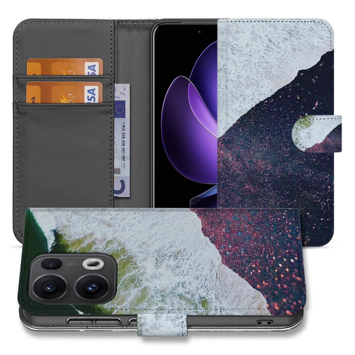 OPPO Reno 13 Pro Book Case Sea in Space hoesje ontwerp voorkant zijkant