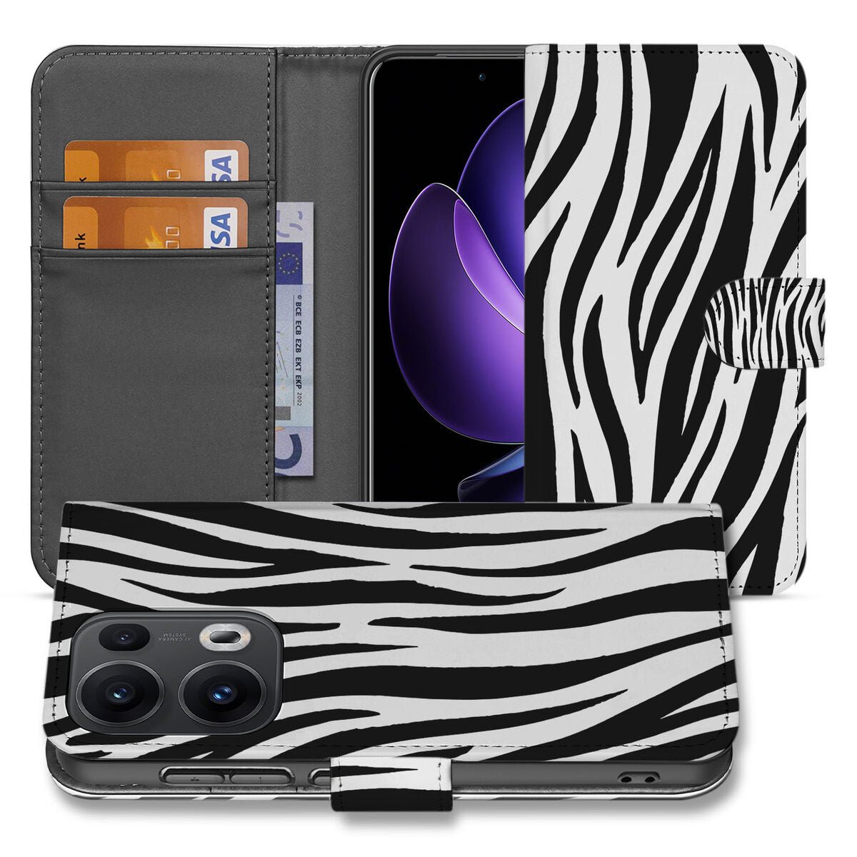 OPPO Reno 13 Pro Book Case âZebraâ Stijlvol Hoesje met Dierenprint & Pasjeshouder design zwart-wit aanzicht