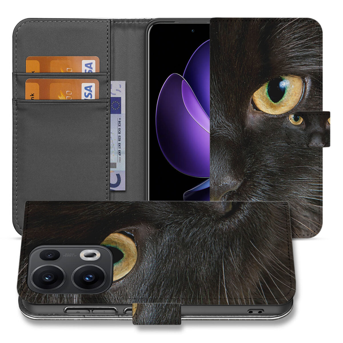 OPPO Reno 13 Pro Book Case âZwarte Katâ boekcase zwart kat voorkant