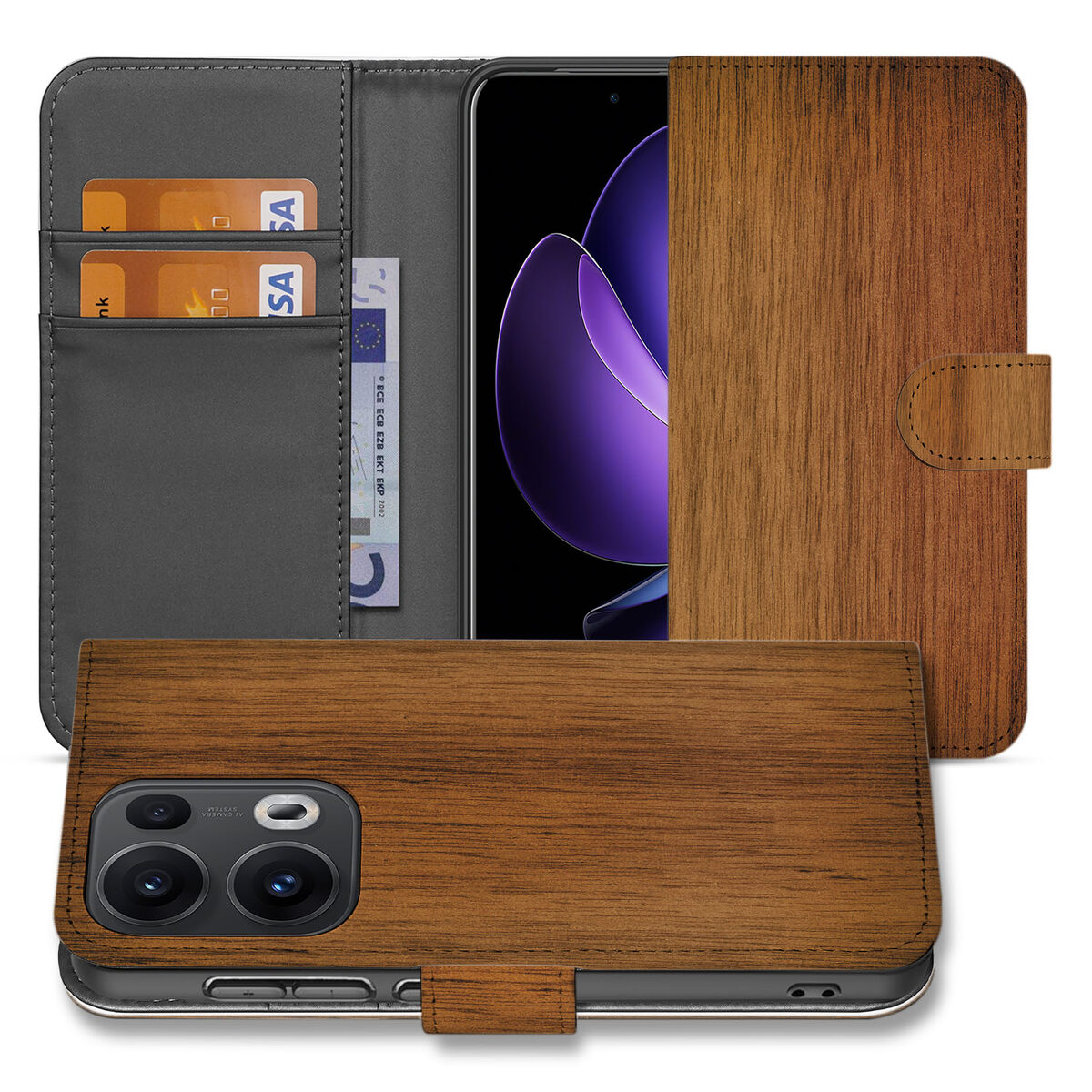 OPPO Reno 13 Pro Book Style Case Donker Hout hoesje bookcase aanzicht