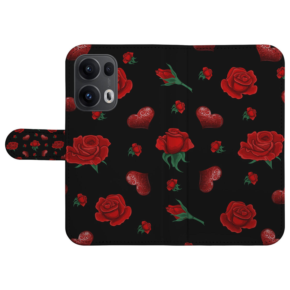 OPPO Reno 13 Pro Leuk Hoesje Valentine design zwart met rode rozen en harten