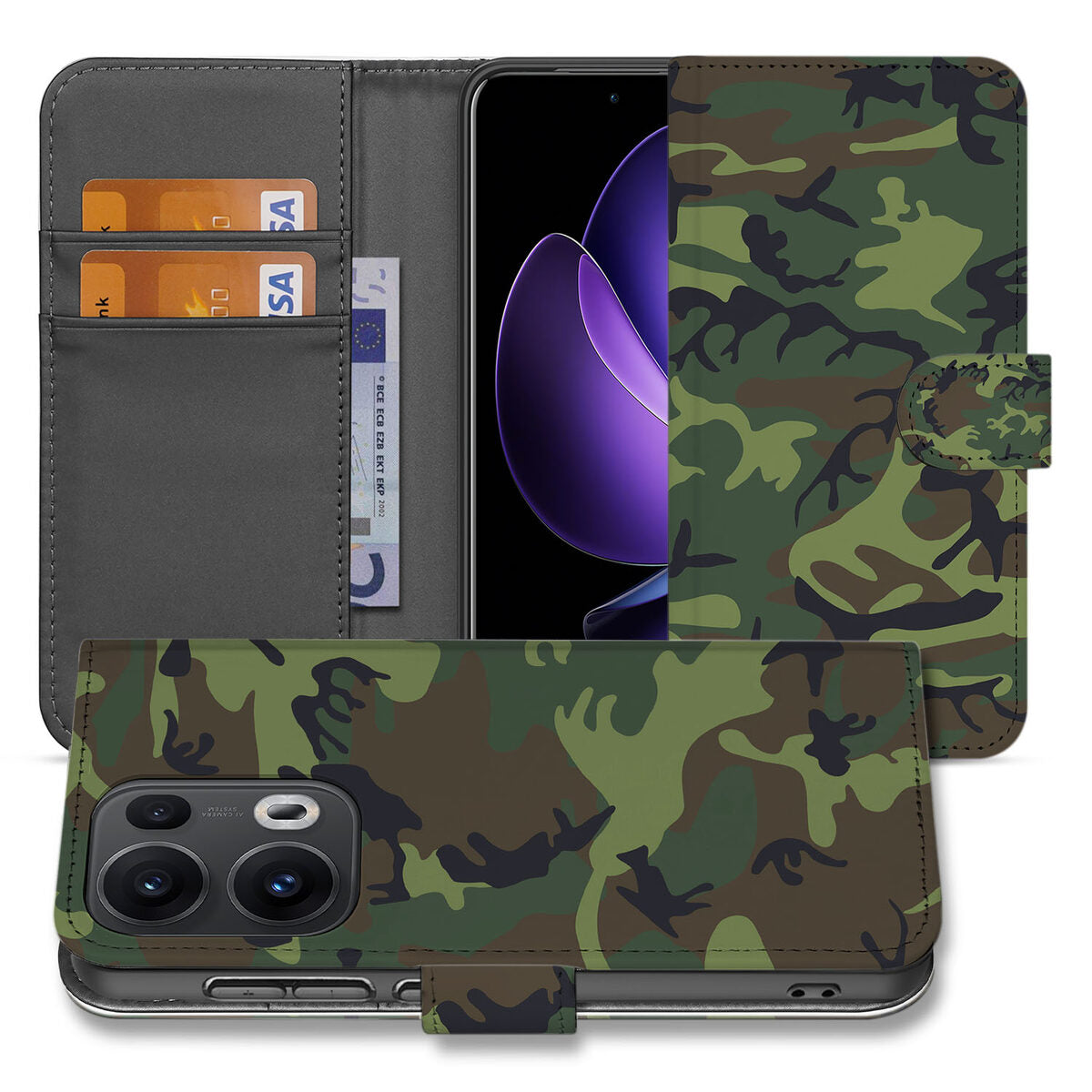 OPPO Reno 13 Pro Telefoon Hoesje Army Dark camouflage design vooraan en achteraan