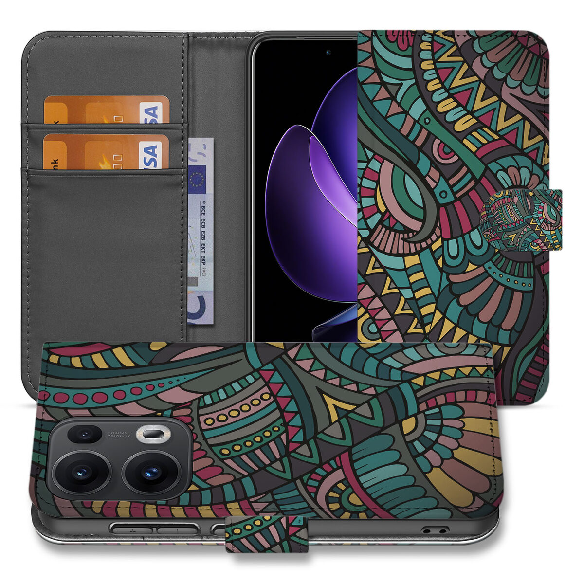 OPPO Reno 13 Pro Telefoon Hoesje Aztec bookcase design vooraanzicht