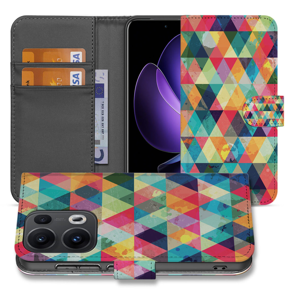 OPPO Reno 13 Pro Telefoonhoesje met Pasjes â Geruit Design kleurrijk geometrisch patroon aanzicht
