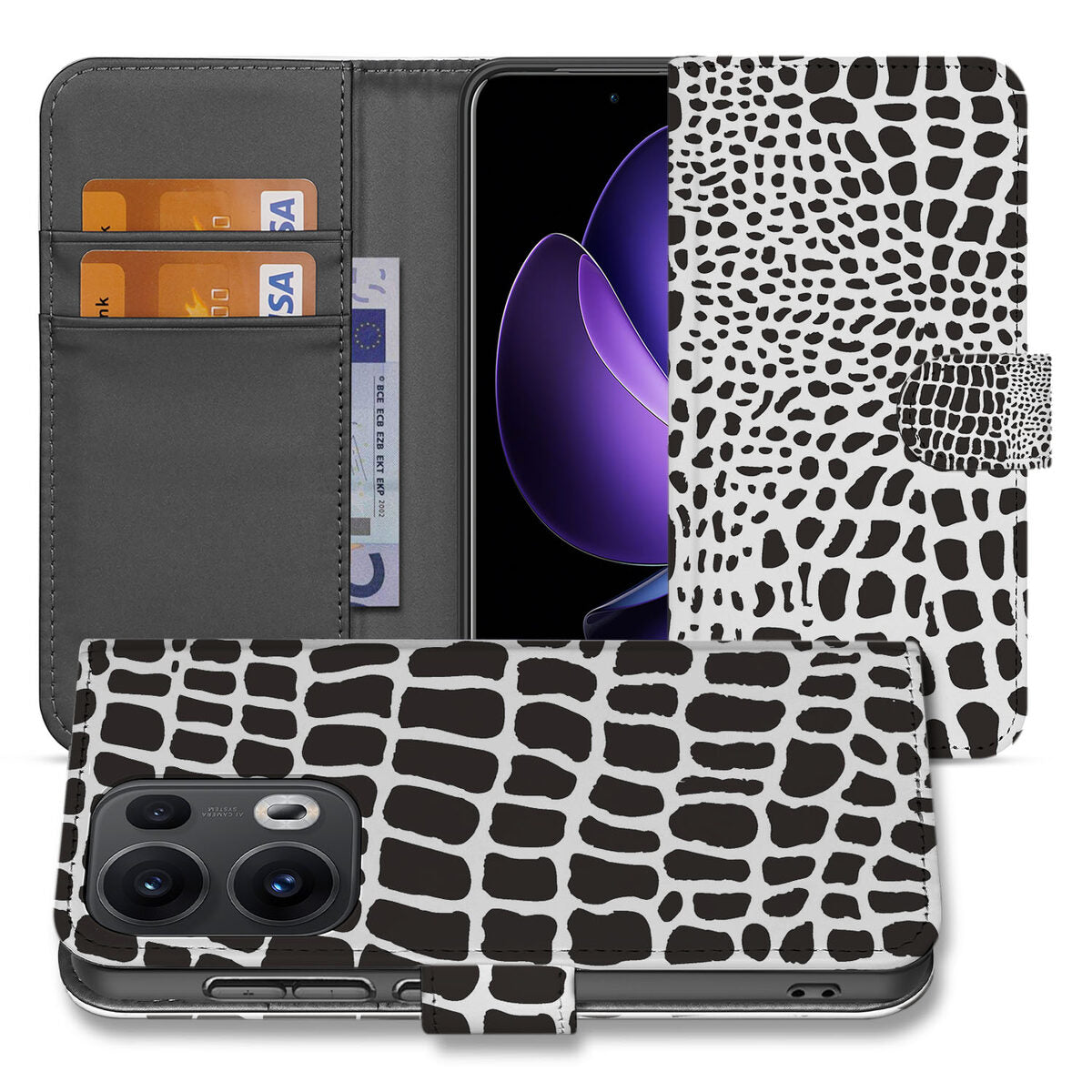 OPPO Reno 13 Pro Telefoonhoesje met Pasjes Slangenprint designnaam vooraanzicht