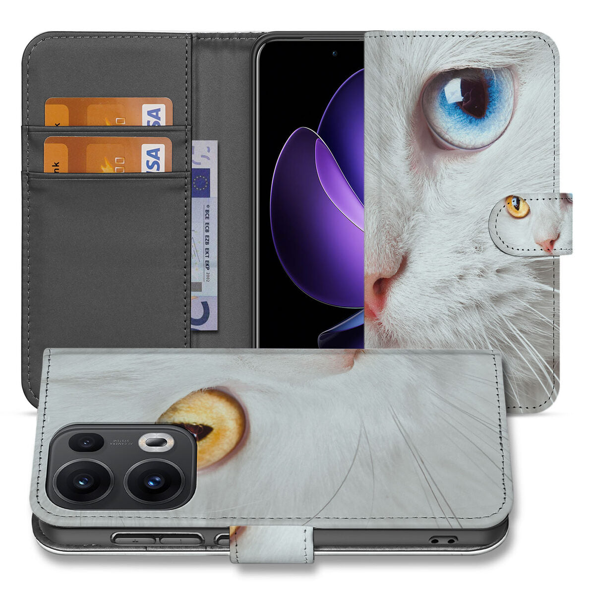 OPPO Reno 13 Pro Telefoonhoesje met Pasjes Witte Kat designkat vooraanzicht