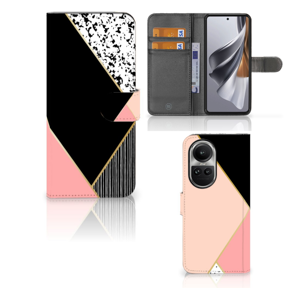 OPPO Reno10 | 10 Pro Book Case Zwart Roze Vormen geometrisch ontwerp beschermhoes zwart roze