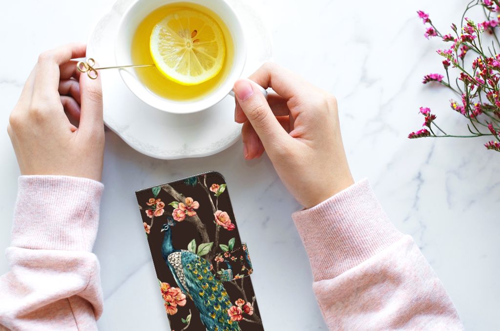 OPPO Reno10 | 10 Pro Telefoonhoesje met Pasjes Pauw met Bloemen hand thee bloesem