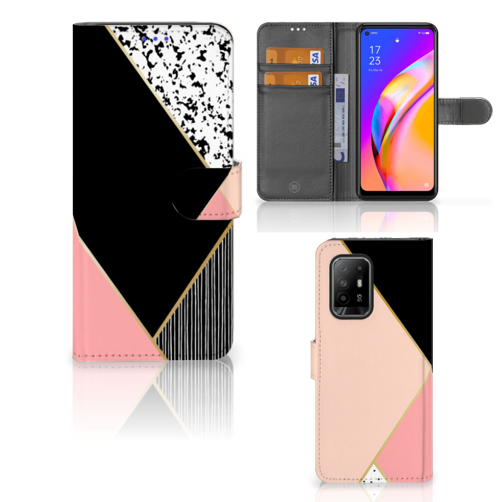 OPPO Reno5 Z | A94 5G Book Case Zwart Roze Vormen geometrisch ontwerp voorkant achterkant binnenkant