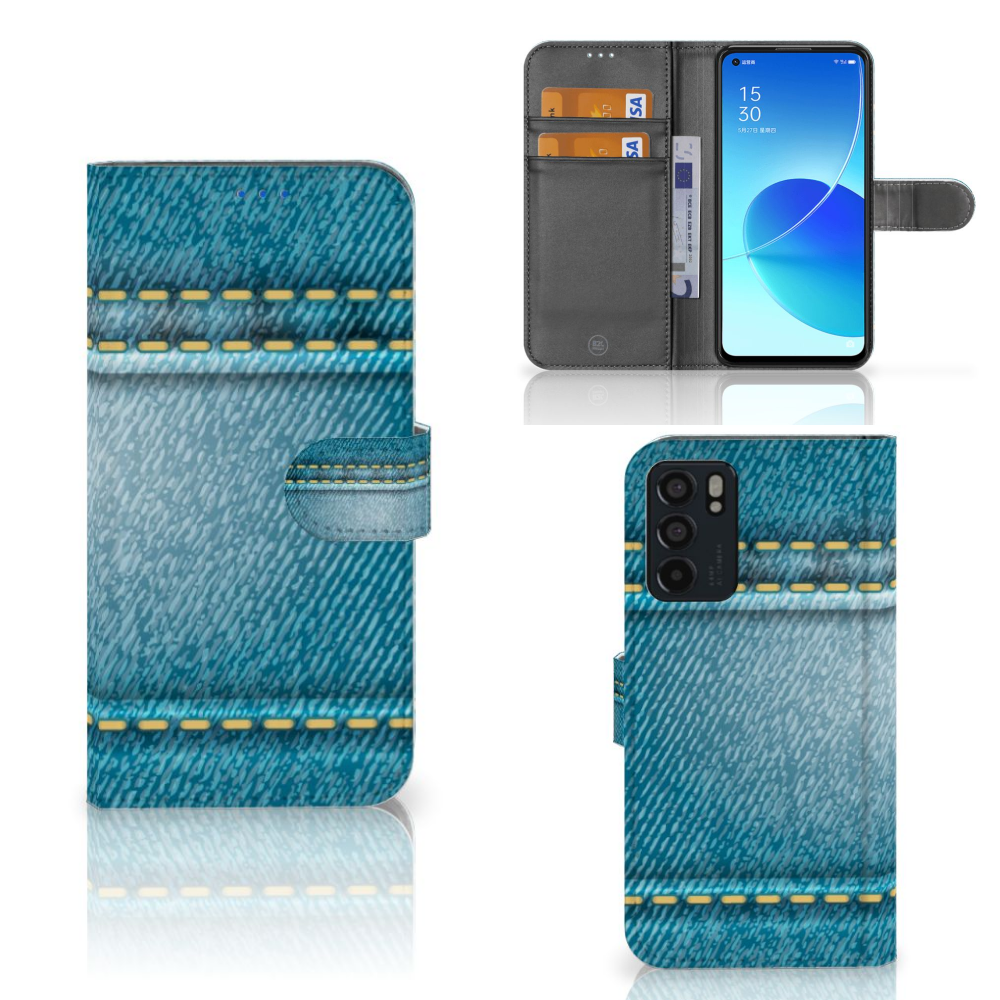 OPPO Reno6 5G Wallet Case met Pasjes Jeans walletcase jeans design aanzicht