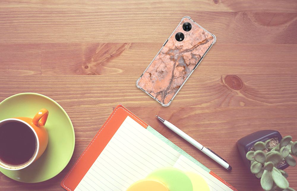 OPPO Reno8 T 4G Anti-Shock Hoesje Marmer Oranje bovenaanzicht bureau