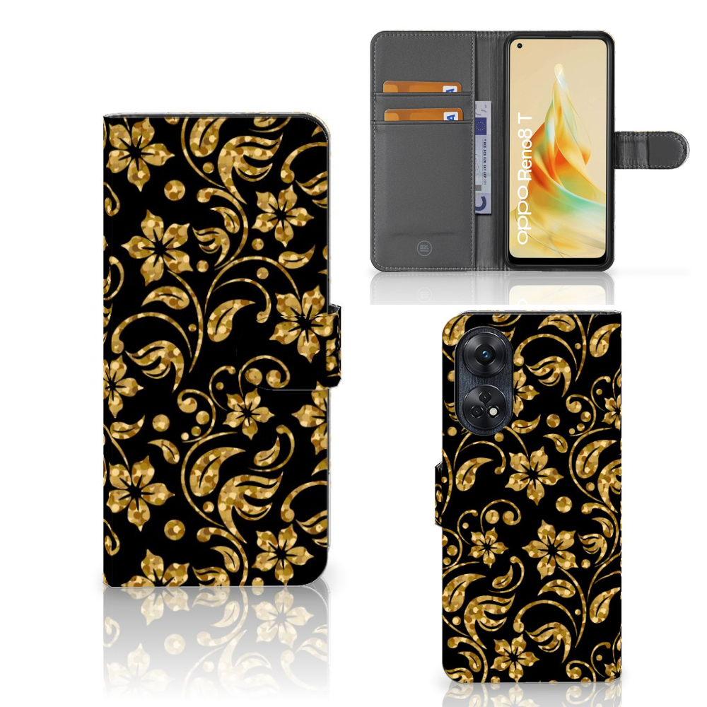 OPPO Reno8 T 4G Hoesje Gouden Bloemen design voorkant zijkant binnenkant