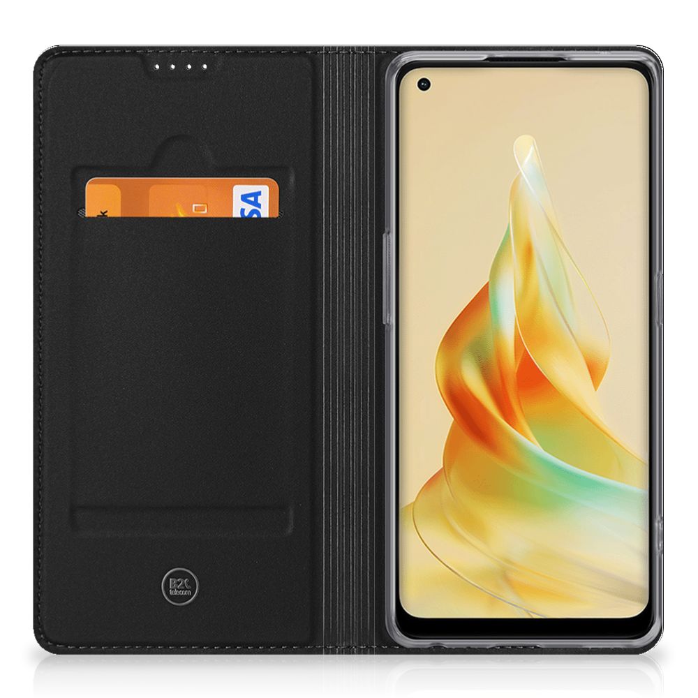 OPPO Reno8 T 4G Hoesje met Magneet Geruit Rood geopend, met ruimte voor pasjes en een strakke uitstraling.