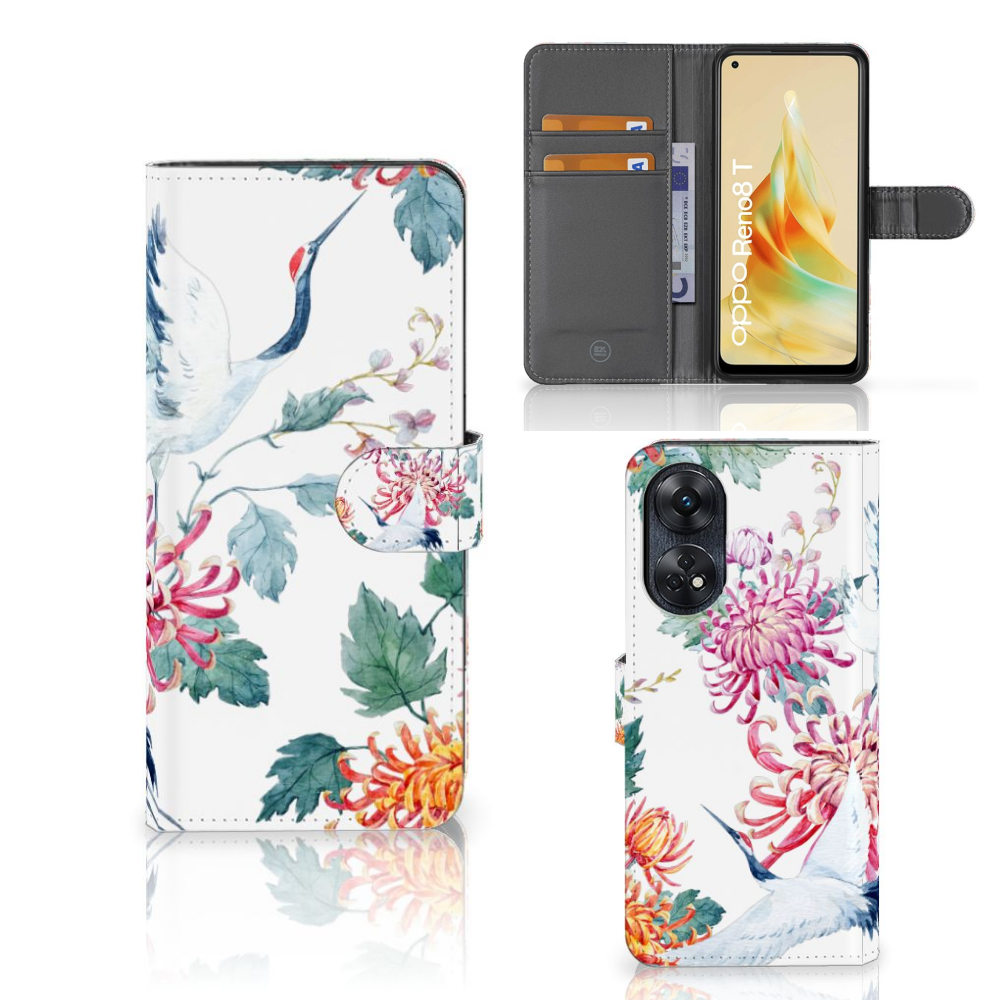 OPPO Reno8 T 4G Telefoonhoesje met Pasjes Bird Flowers ontwerp voorkant achterkant