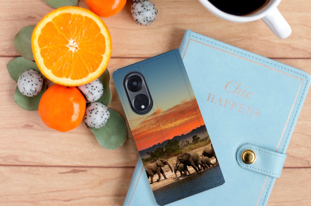 OPPO Reno8 T 5G Hoesje maken Olifanten met uitzicht op olifanten in natuur, perfect cadeau voor bescherming en uitstraling.