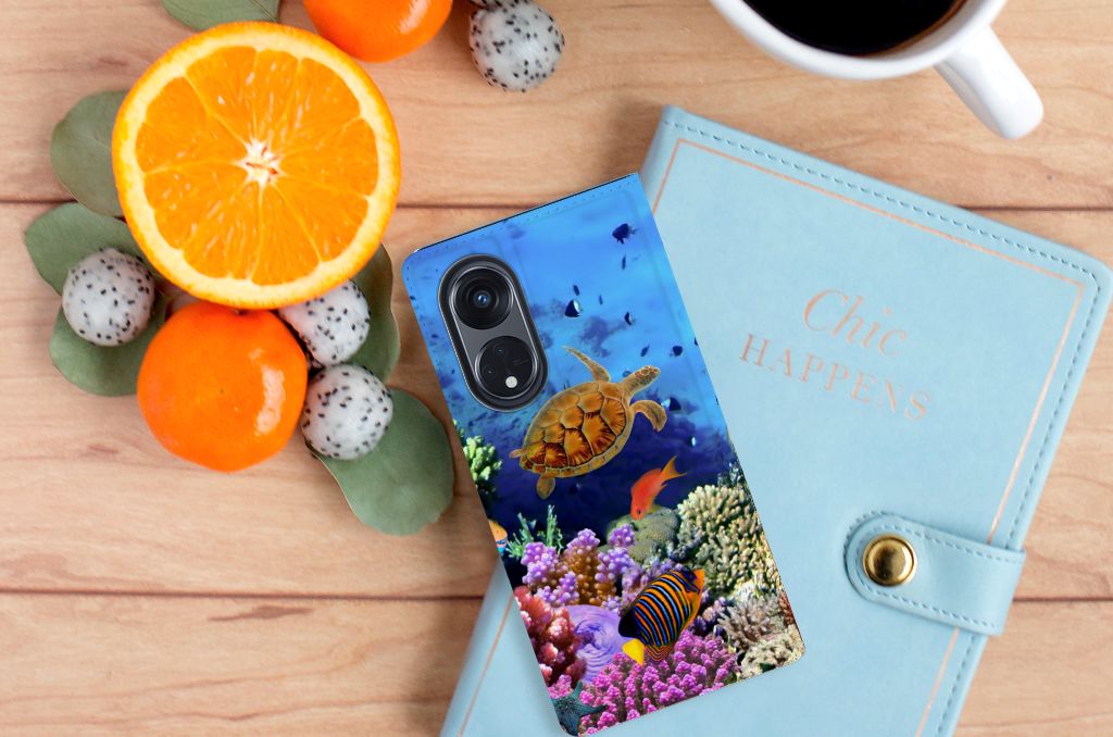 OPPO Reno8 T 5G Hoesje maken Vissen onderwater schildpad koraal kleurige vissen