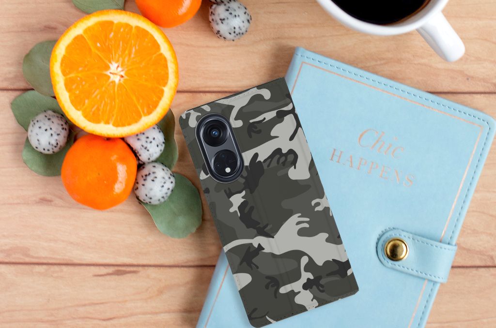 OPPO Reno8 T 5G Hoesje met Magneet Army Light camouflage design aanzicht