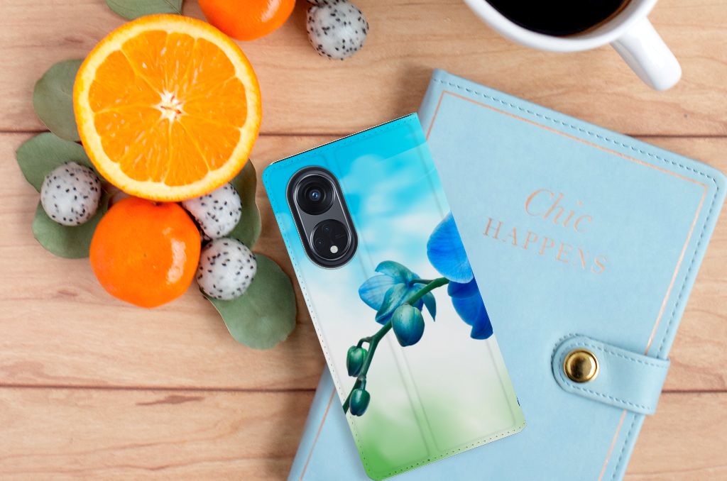 OPPO Reno8 T 5G Smart Cover Orchidee Blauw cadeau voor je Moeder design hoesje orchidee aanzicht