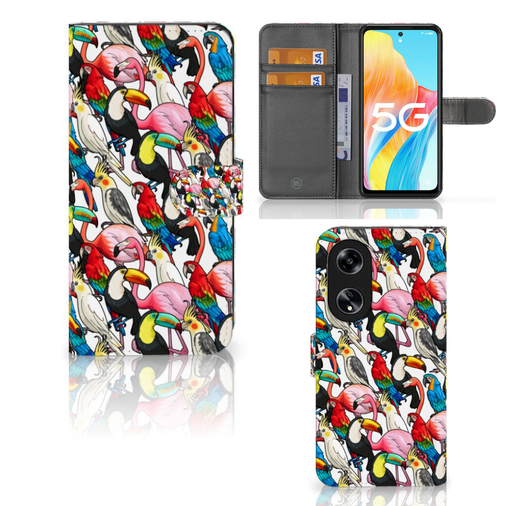 OPPO Reno8 T 5G Telefoonhoesje met Pasjes Birds smartphonehoesje vogels kleurrijk design aanzicht