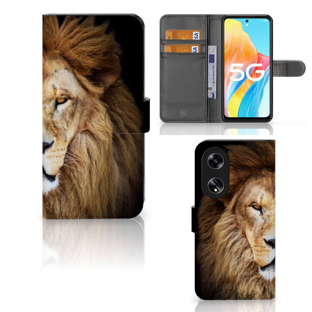 OPPO Reno8 T 5G Telefoonhoesje met Pasjes Leeuw design leeuw voorkant zijkant