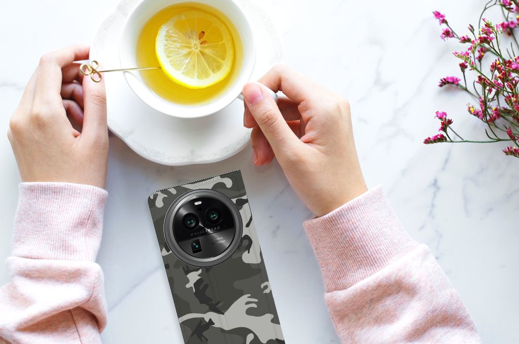 OPPO X6 Pro Hoesje met Magneet Army Light camouflage design bovenaanzicht