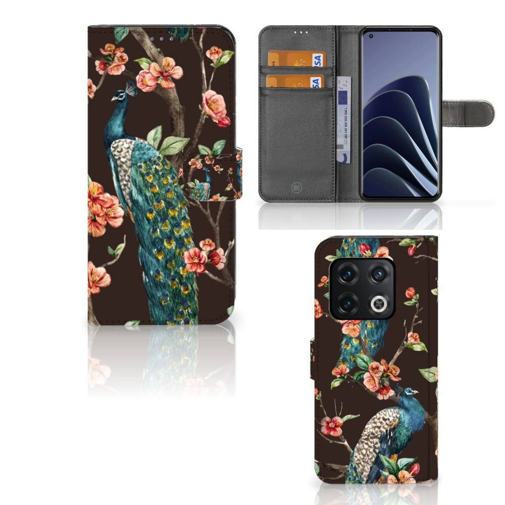 OnePlus 10 Pro Telefoonhoesje met Pasjes Pauw met Bloemen telefoonhoesje pauw bloemen design aanzicht