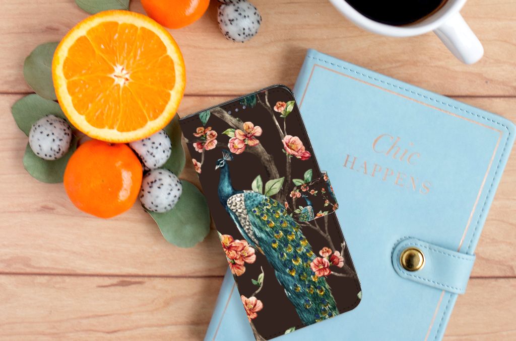 OnePlus 10 Pro Telefoonhoesje met Pasjes Pauw met Bloemen ontwerp bovenzijde